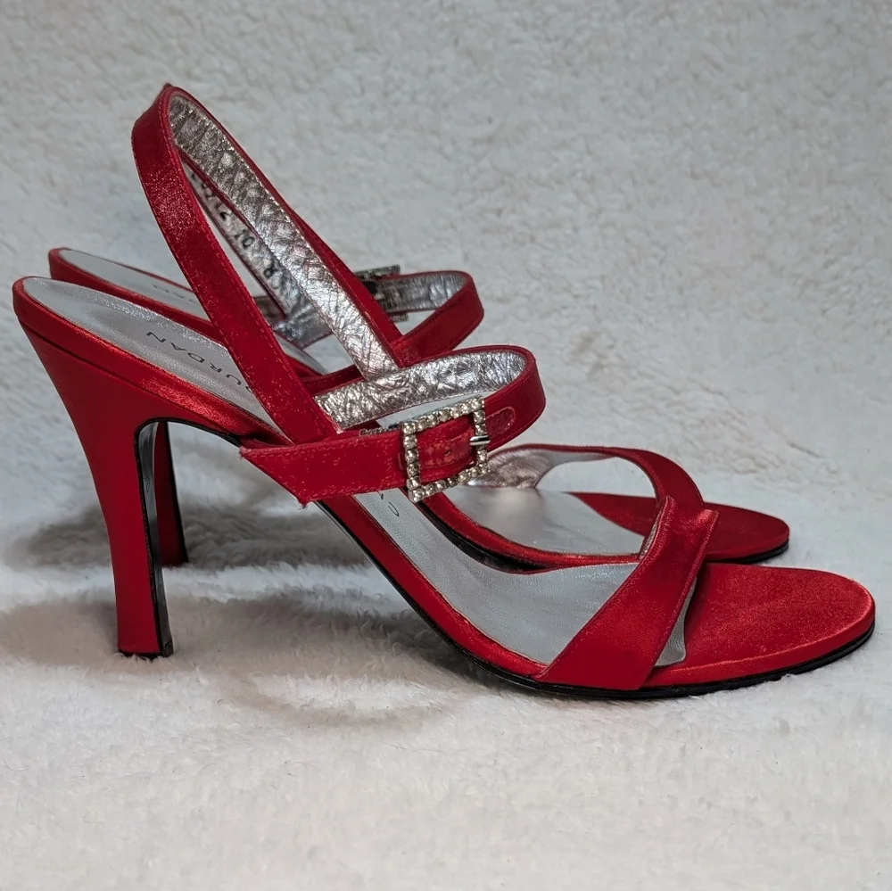 Charles Jourdan Paris Scarlet Red Satin Heels Rhinestone Square Buckle Womens 10 - Picture 1 of 12